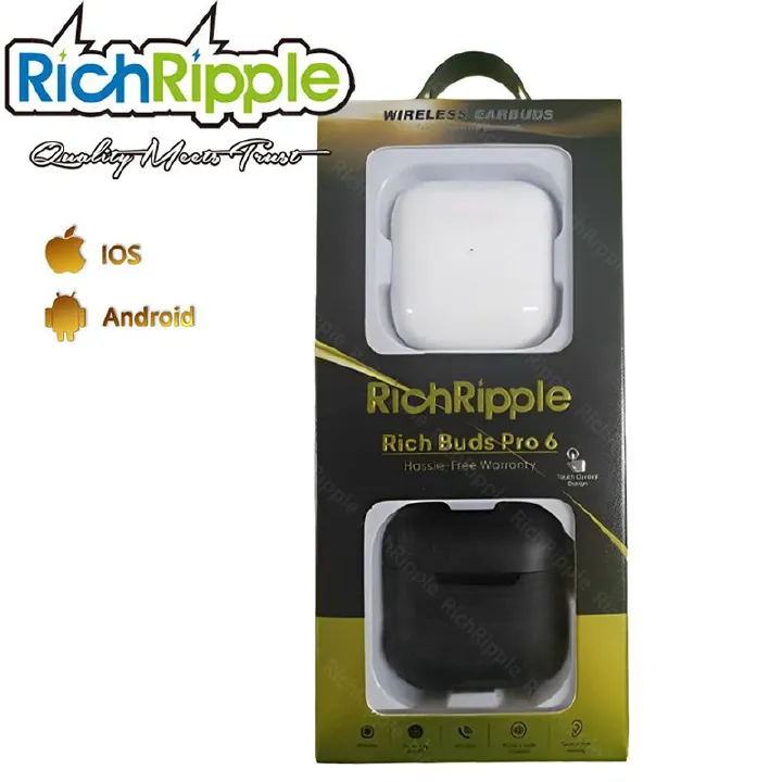 RichRipple Pro 6  Bluetooth Earphone(pro3 upgrade mini size) Pro6 Wireless Bluetooth Earpods for android&ios Pods Earbuds White with Black Covers
