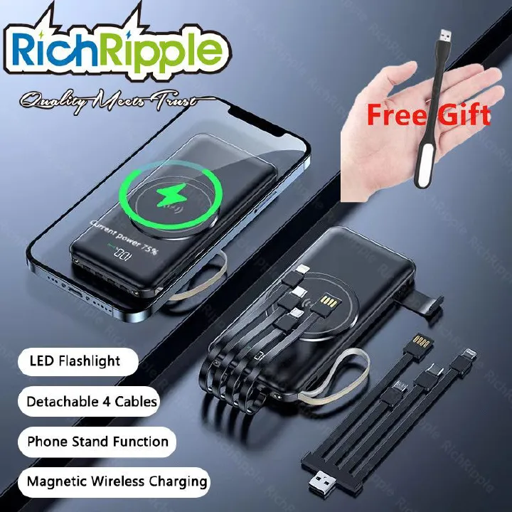 RichRipple 10000mAh Portable Wireless Power Bank PD15w Fast Charging Charger Digital Display External Battery Built in Cables 4usb for All Phones Xiaomi iphone with Mobile Phone HolderMagSafe