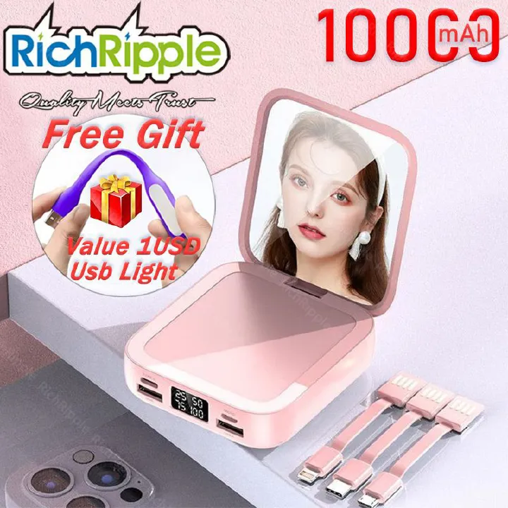 RichRipple powerbank Mini Power Banks 10000mAh With Makeup Mirror Fast Charging Portable Charger Powerbank with Cable Poverbank Mobile Phone Battery