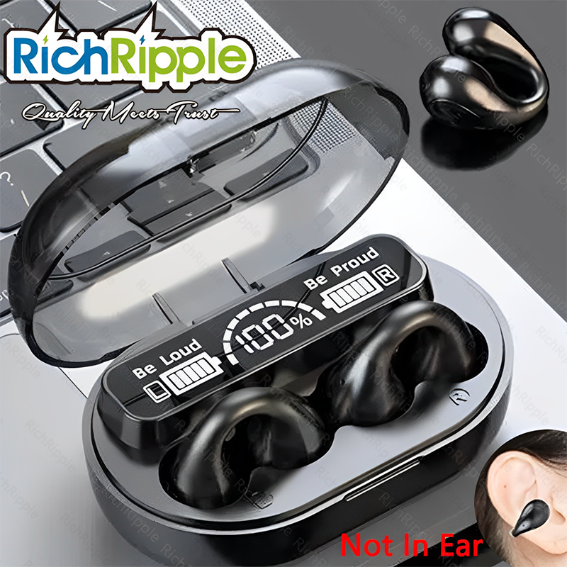RichRipple Conduction Earphones JR-1 Mini Wireless Headphones Clip on Bluetooth-Compatible V5.3 Sports Headset Comfortable Digital Display Ear-clip Earphones