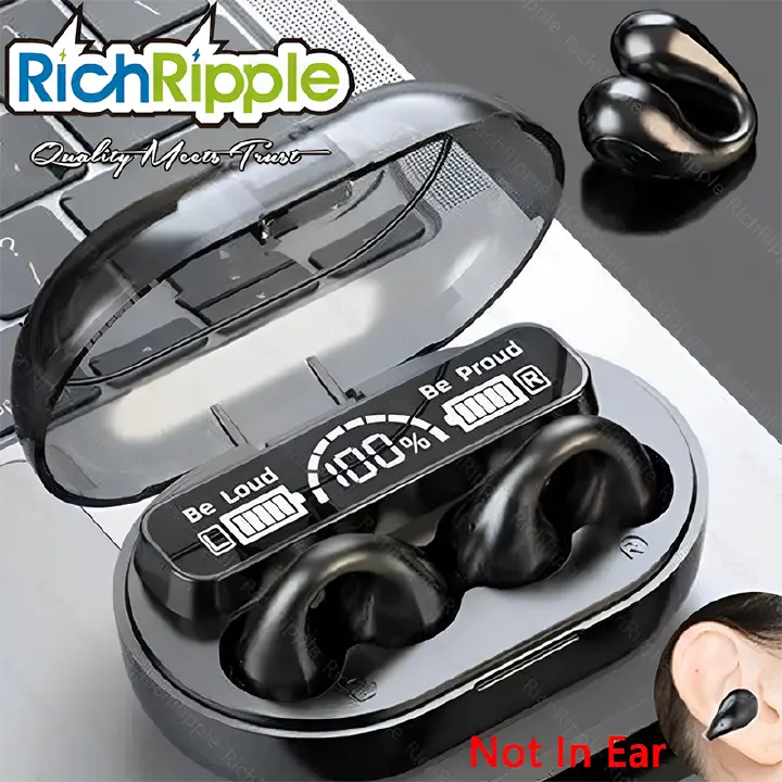 RichRipple Conduction Earphones JR-1 Mini Wireless Headphones Clip on Bluetooth-Compatible V5.3 Sports Headset Comfortable Digital Display Ear-clip Earphones