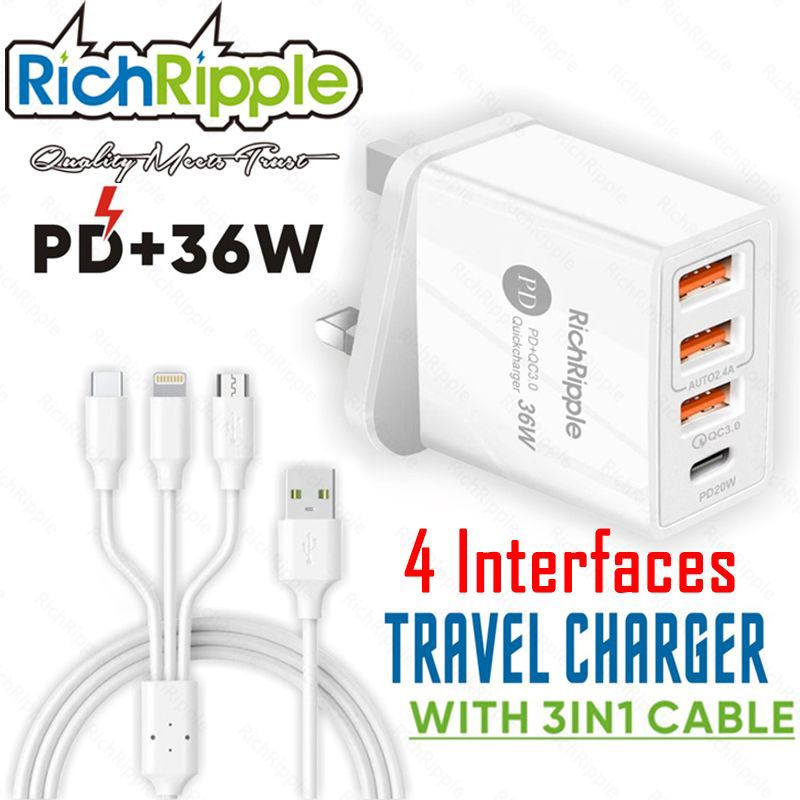 RichRipple 3 USB Port+1 Type-C Port 3.0 Faster Charger With Free Gift 3in1 Micro Type-c Apple plugs 2.0 Charging Cable