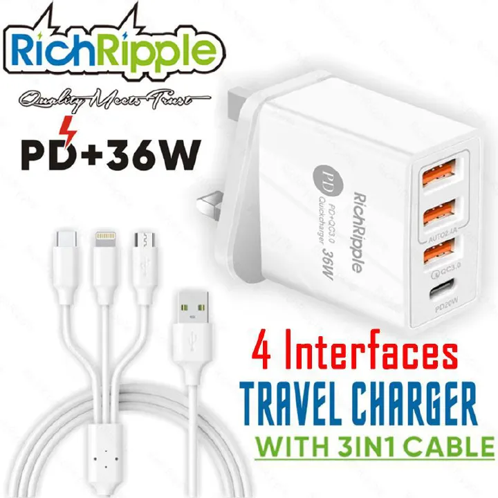 RichRipple 3 USB Port+1 Type-C Port 3.0 Faster Charger With Free Gift 3in1 Micro Type-c Apple plugs 2.0 Charging Cable
