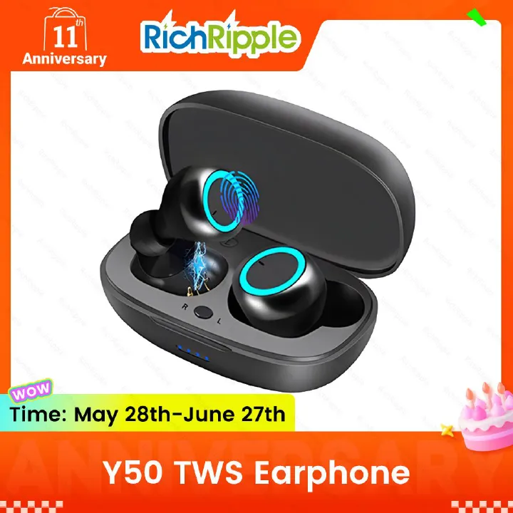 RichRipple Y50 Plus+ Wireless Bluetooth Earphone TWS Stereo Earbuds In-Ear Earpods Touch Control 450mAh with Mic Earphone for iOS Android