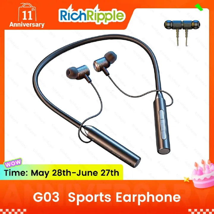 RichRipple G03 Wireless  Bluetooth Sports Earphones Neckband Earphones Earbuds Hanging Neck Band Sports Two Ears in-ear Neck Hanging Long Standby with Magnetic Voice Assistant