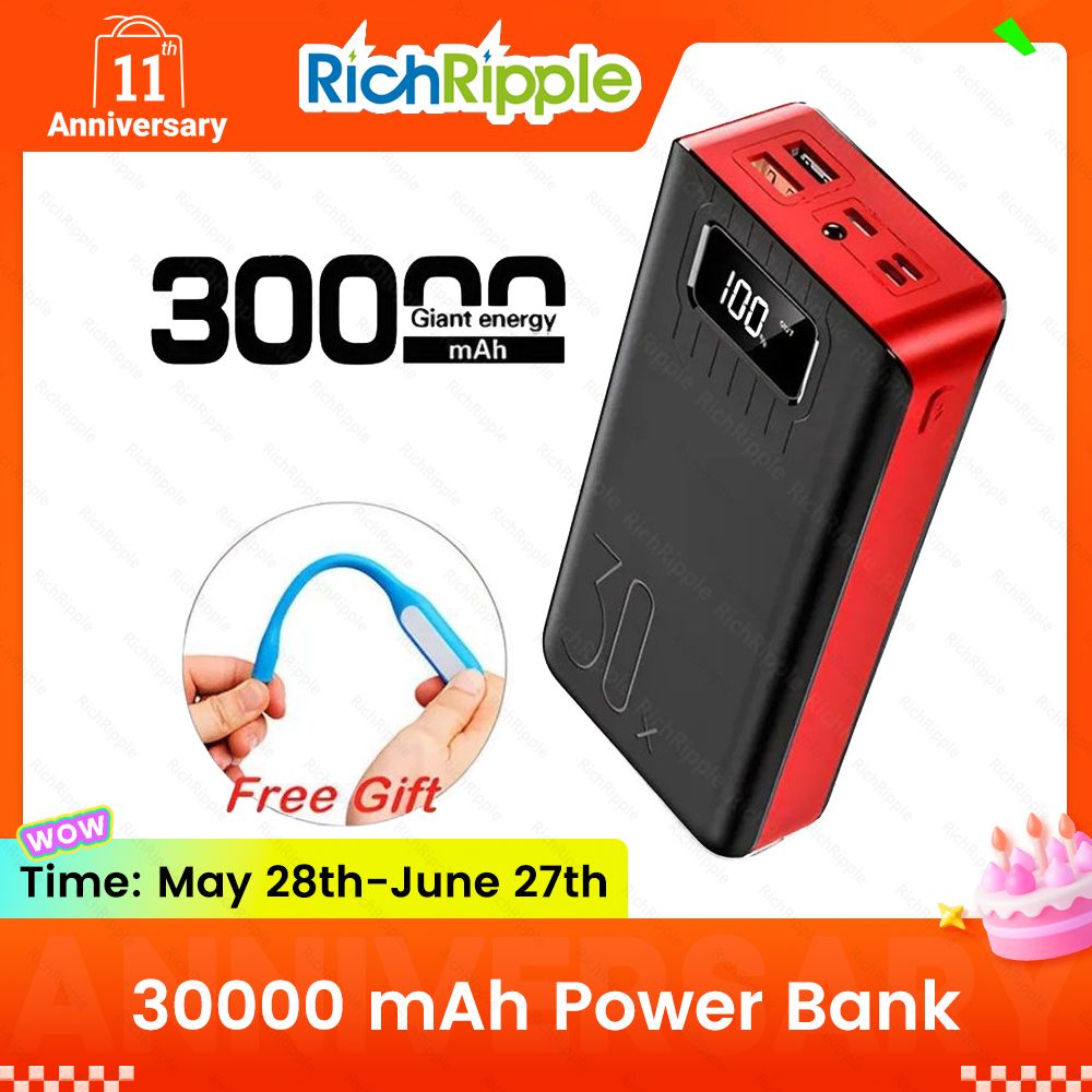 RichRipple Power Banks 30000mAh powerbank TypeC Micro USB QC Fast Charging Powerbank LED Display For all Phones Tablets