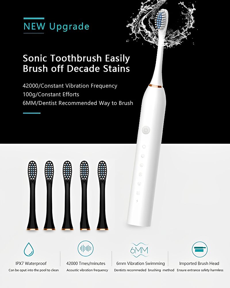 RichRipple Electric Toothbrush With 6 Brush Heads 6-Speed model Black For Men Women Kids adults Tooth brushes rechargeable Smart Timer Whitening