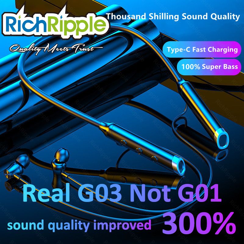 RichRipple G03 Wireless  Bluetooth Sports Earphones Neckband Earphones Earbuds Hanging Neck Band Sports Two Ears in-ear Neck Hanging Long Standby with Magnetic Voice Assistant