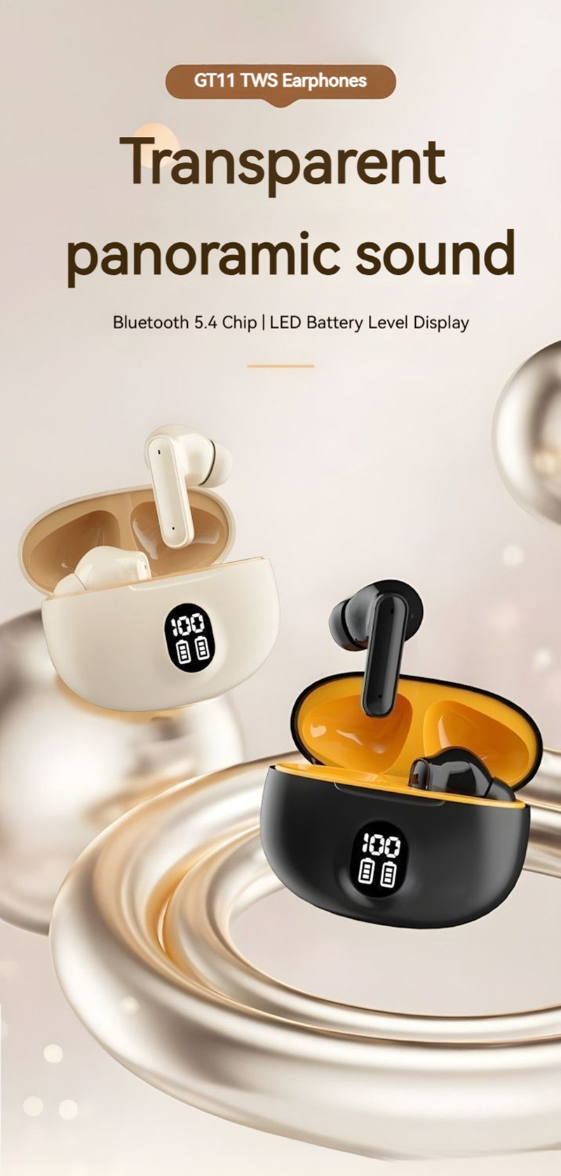 RichRipple New 510C TWS Wireless Earphone Sports Earphods Digital LED Display Stereo Earphones with Mic 5.3 Bluetooth Type-C