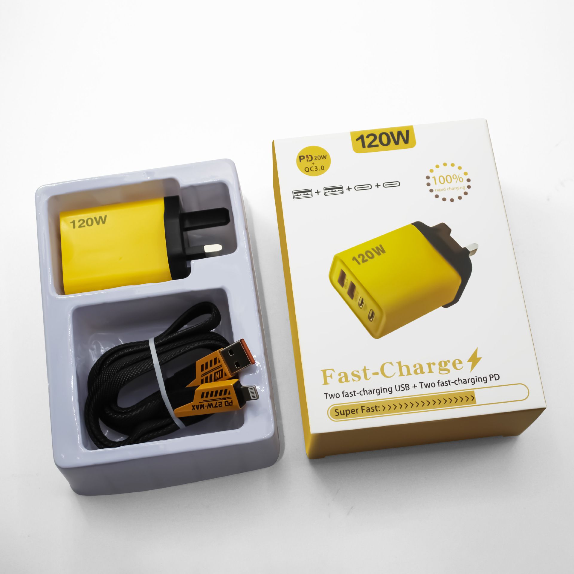 RichRipple 3 USB Port+1 Type-C Port 3.0 Faster Charger With Free Gift 3in1 Micro Type-c Apple plugs 2.0 Charging Cable