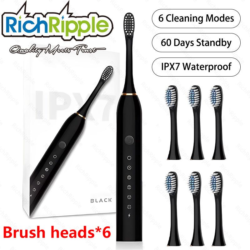 RichRipple Electric Toothbrush With 6 Brush Heads 6-Speed model Black For Men Women Kids adults Tooth brushes rechargeable Smart Timer Whitening