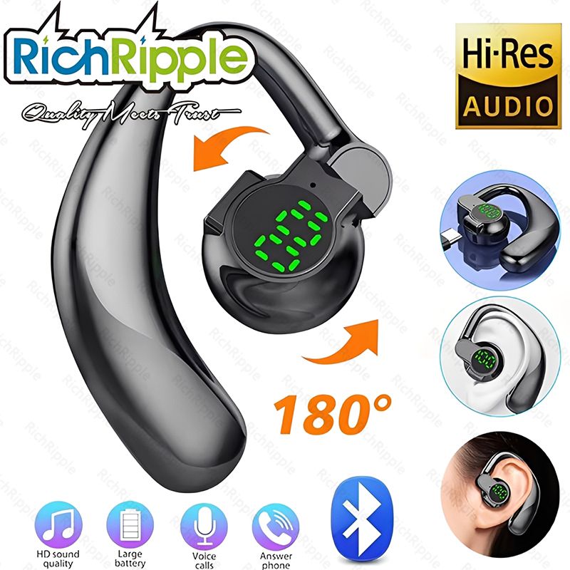 RichRipple 180° Rotatable Left/Right 10H Play Time Wireless  Bluetooth Earphone Digital Display Single Earbud Ultra Long Standby Business Earpods HD Call Headset Outdoor