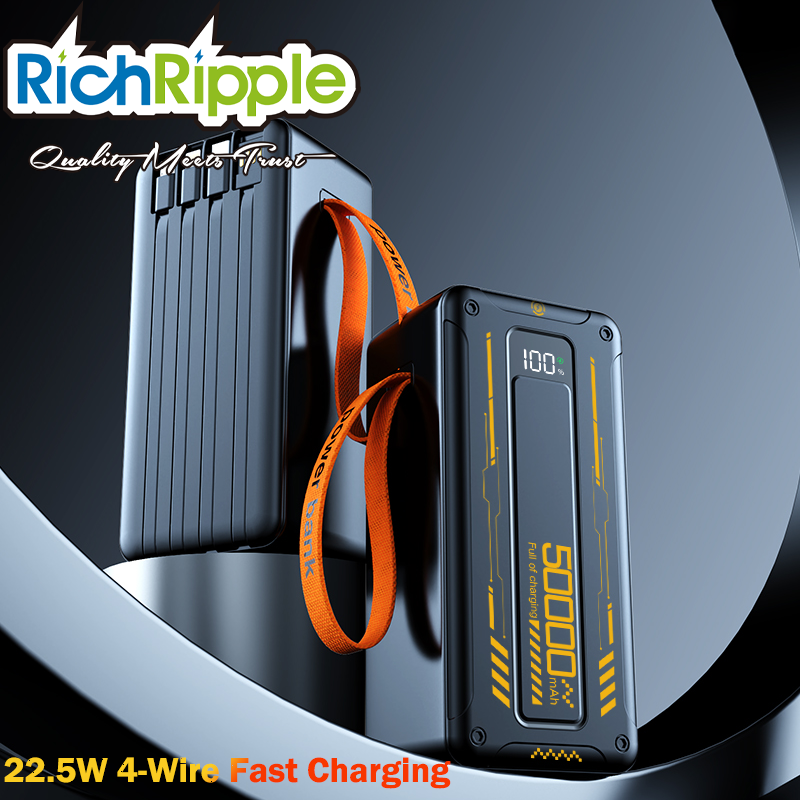 RichRipple Power Banks 50000mah 22.5W Fast Charging Power Bank 4 cables charge station ExterBattery USB Large Capacity Portable for all Phones Black 50000mah powerbank