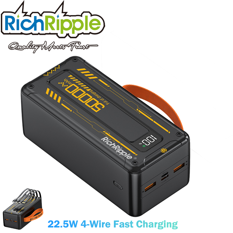 RichRipple Power Banks 50000mah 22.5W Fast Charging Power Bank 4 cables charge station ExterBattery USB Large Capacity Portable for all Phones Black 50000mah powerbank