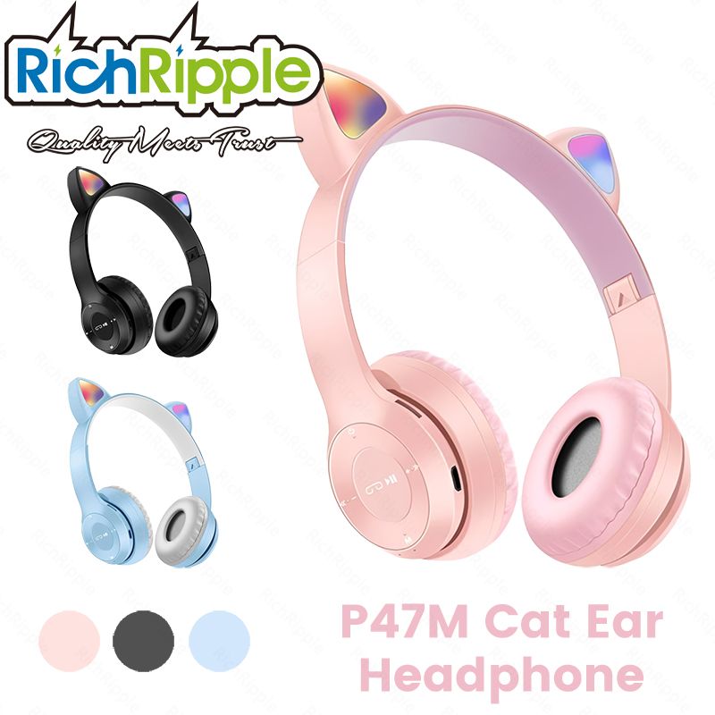 RichRipple P47M Wireless Cute Cat Ear Headphones Stereo RGB Bluetooth Headphone Sports Foldable Headset With TF Micro for IOS/Android