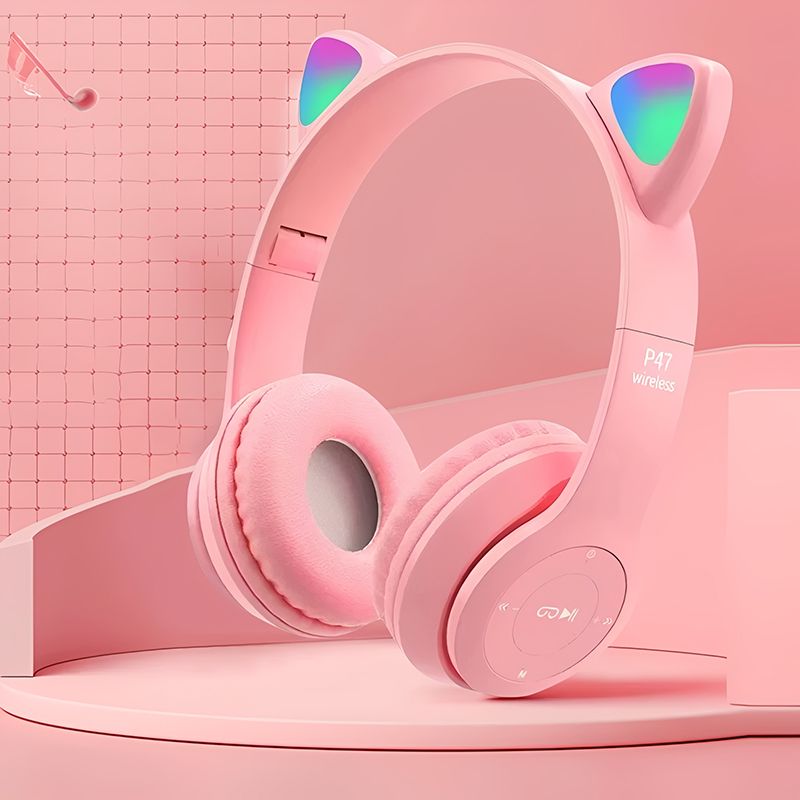 RichRipple P47M Wireless Cute Cat Ear Headphones Stereo RGB Bluetooth Headphone Sports Foldable Headset With TF Micro for IOS/Android