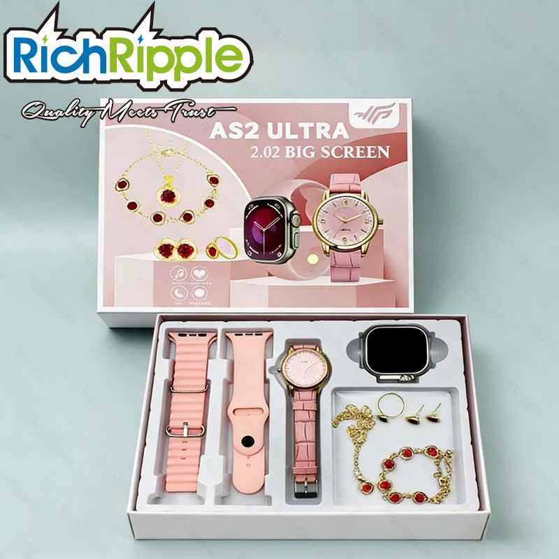 RichRipple AS2 2.0 inch Smart Watch 6 in 1 Set of Fine Luxury gift Gold Bangle and Stone 2.01-Inch Bluetooth Call Mobile Fitness Smart Watch Women Gift