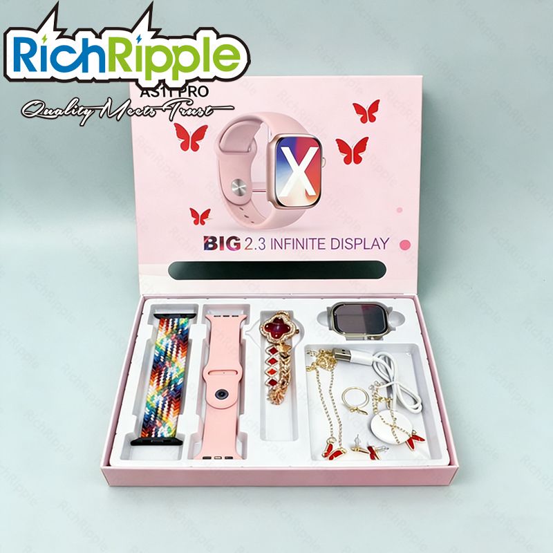 RichRipple AS11 2.0 inch Smart Watch 6 in 1 Set of Fine Luxury gift Gold Bangle and Stone 2.01-Inch Bluetooth Call Mobile Fitness Smart Watch Women Gift