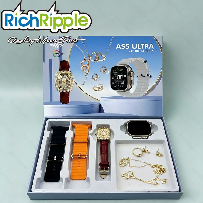 RichRipple AS5 2.0 inch Smart Watch 6 in 1 Set of Fine Luxury gift Gold Bangle and Stone 2.01-Inch Bluetooth Call Mobile Fitness Smart Watch Women Gift Smartwatch Set