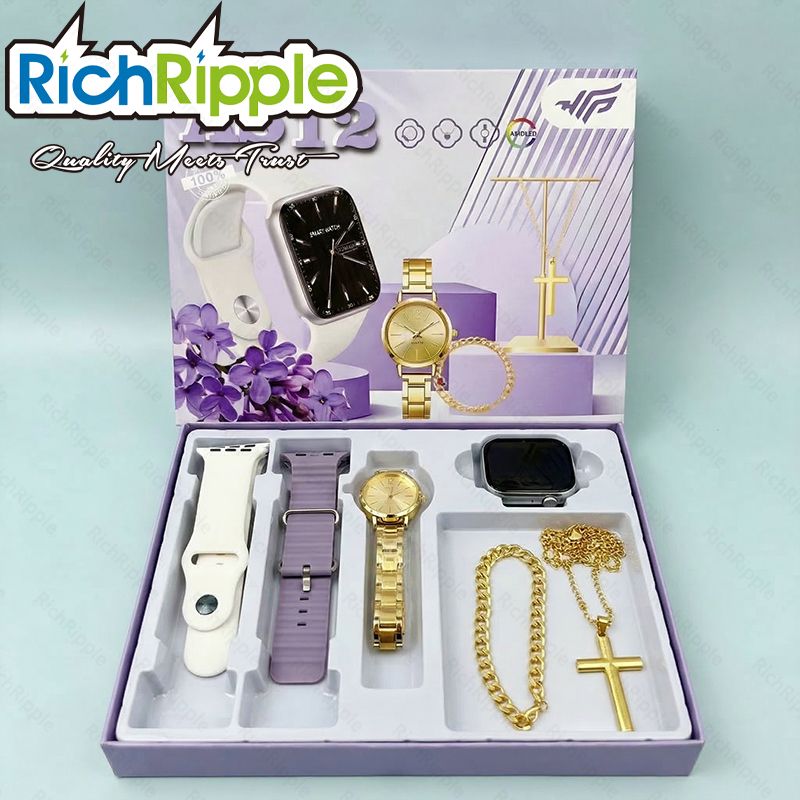 RichRipple AS12 2.0" AMOLED Smart Watch for Women, 6-in-1 Luxury Gift Set, Bluetooth Call, Fitness Tracker, IP67, iOS/Android, 2 Straps, Analog Watch, Gold Jewelry, Gift for Women Gift Smartwatch Set