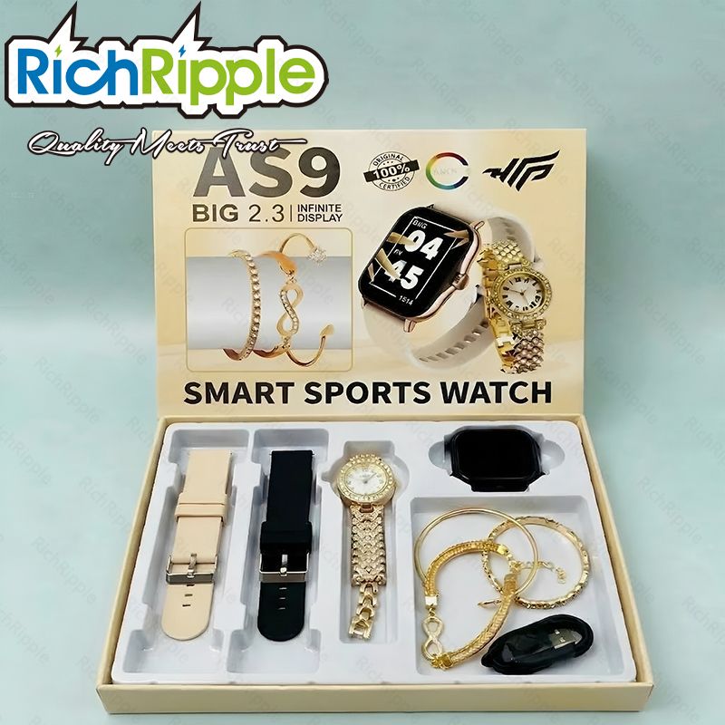 RichRipple AS9 2.0 inch Smart Watch 6 in 1 Set of Fine Luxury gift Gold Bangle and Stone 2.01-Inch Bluetooth Call Mobile Fitness Smart Watch Women Gift