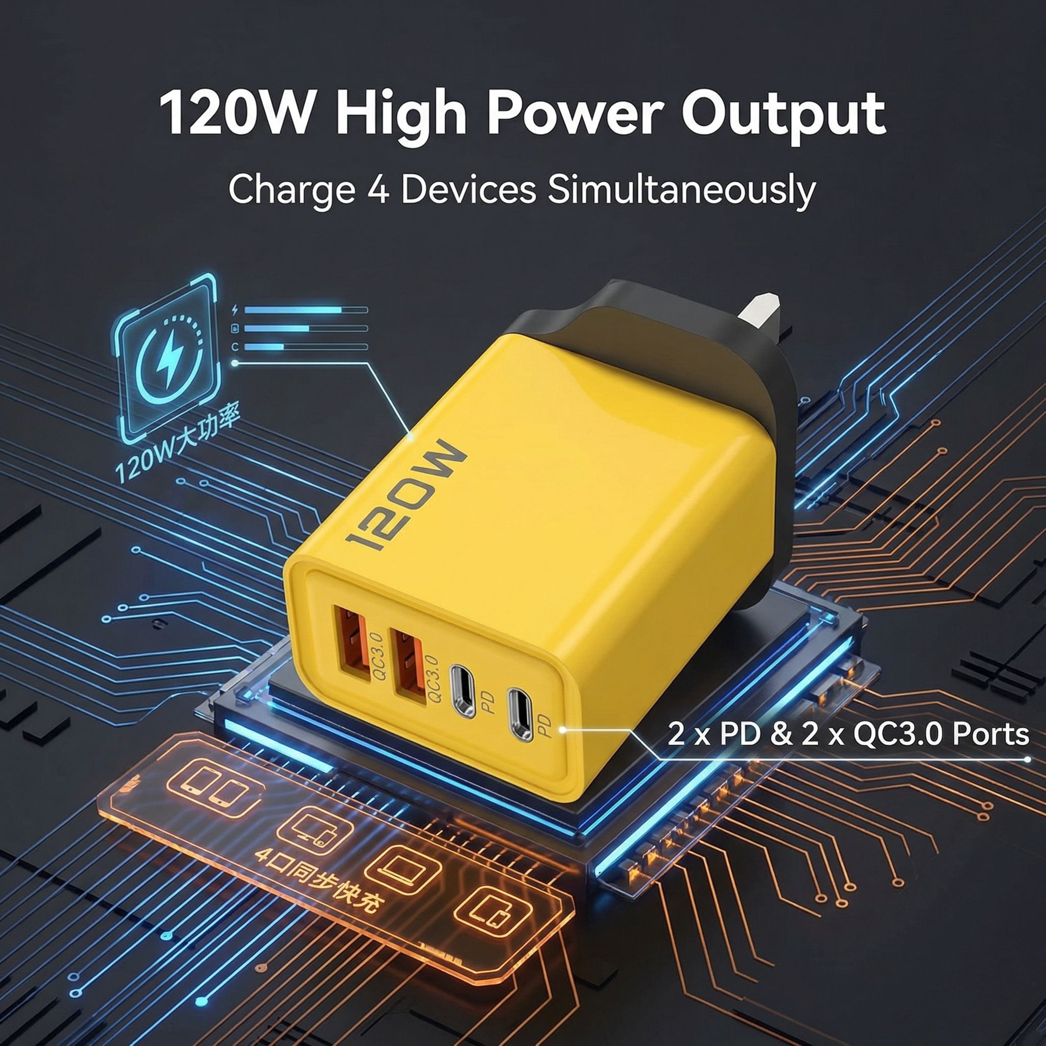 RichRipple 3 USB Port+1 Type-C Port 3.0 Faster Charger With Free Gift 3in1 Micro Type-c Apple plugs 2.0 Charging Cable