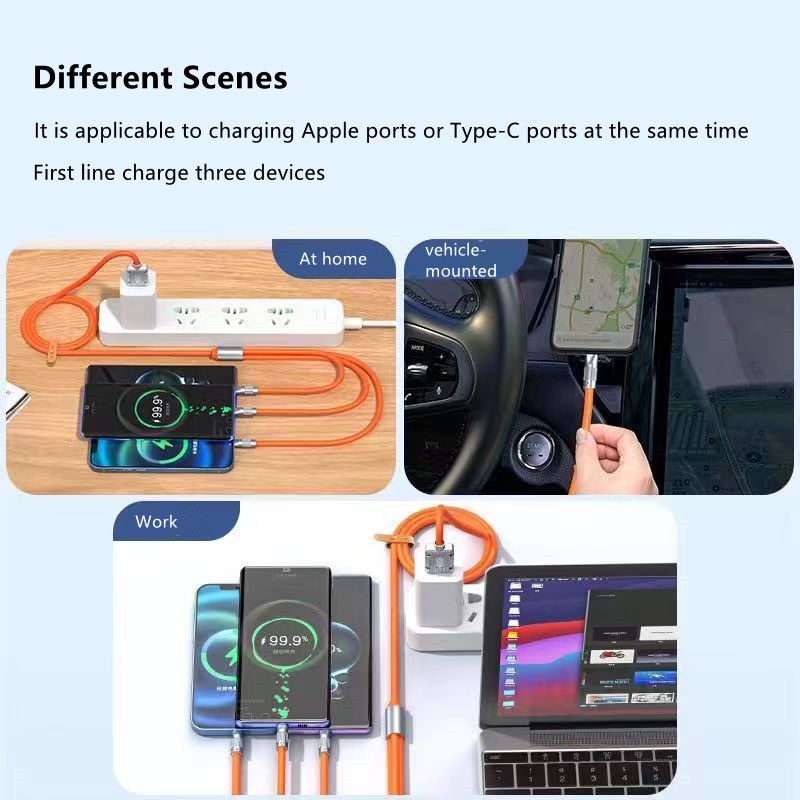 RichRipple 4 in 1 65W 1.5M Fast Charging Cable USB Data Cables Suitable For IPhone Xiaomi Tecno Huawei Samsung Charger Liquid Silicon Type-C Micro Lighting Charging Cable