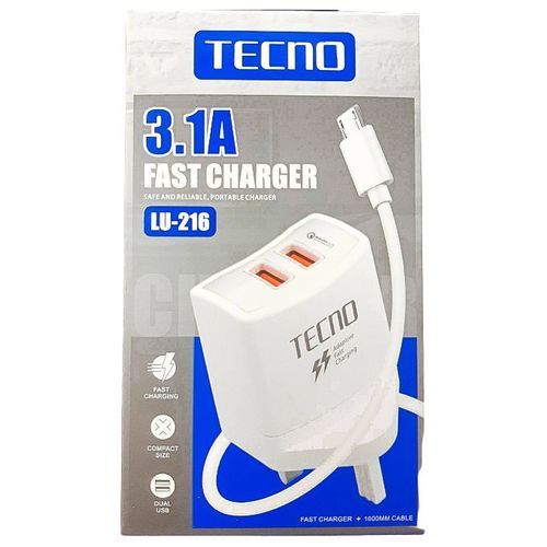 Tecno 3.1A 2USB QUICK ADAPTIVE CHARGER FOR SMARTPHONE