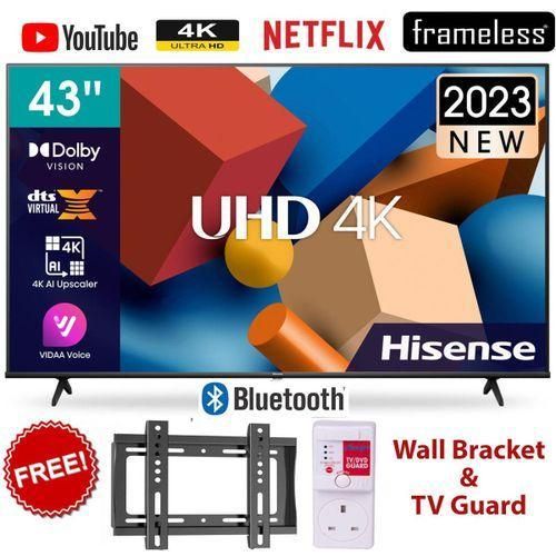 Hisense 43" Inch SMART TV, A6 Series, 43A6, UHD 4K, FRAMELESS Smart TV-NETFLIX,YOUTUBE,PRIMEVIDEO,NATURAL COLOR ENHNANCER-BLUETOOTH CONNECTIVITY, BUILT-IN WIFI, INBUILT DECODER,VIDAA OS,DTS VIRTUAL-X+