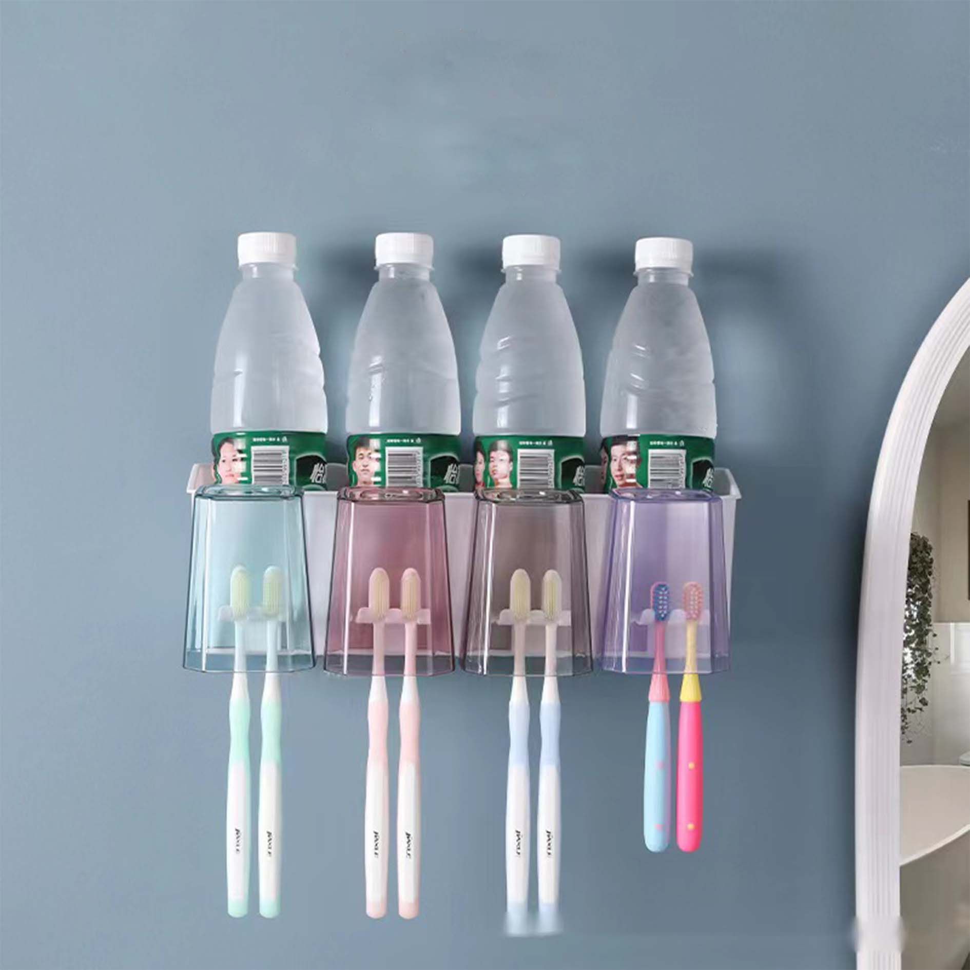 Toothbrush Holder Wall Mounted with Toothpaste Dispenser,Electric Toothbrush Holder with Colorful Mouthwash Cup and Multiple Toothbrush Slots (4 Cups)