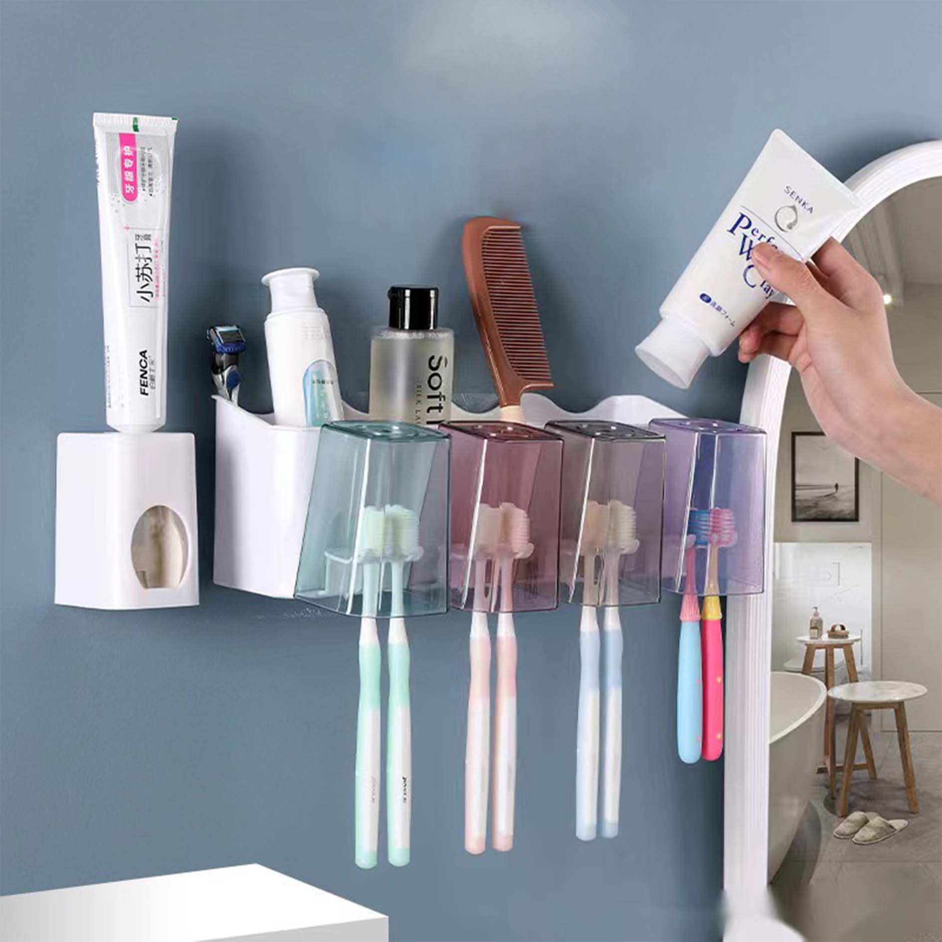 Toothbrush Holder Wall Mounted with Toothpaste Dispenser,Electric Toothbrush Holder with Colorful Mouthwash Cup and Multiple Toothbrush Slots (4 Cups)
