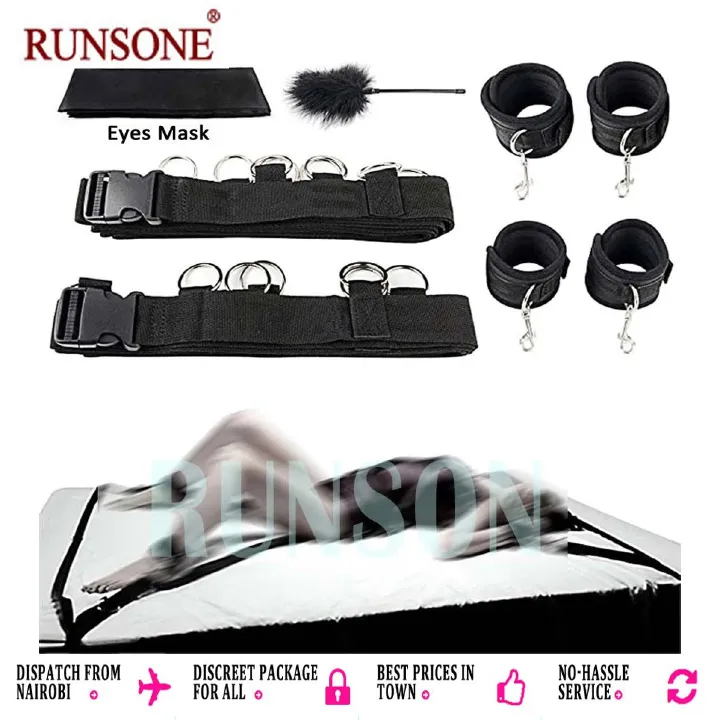 BDSM Bed Restraints Sex Game Bondage Kits Couple SM Fetish Gear Adult Toy with Adjustable Hands Ankle Wrist Cuffs Blindfold Tickler Soft Strap Sex Toys for Women Couples