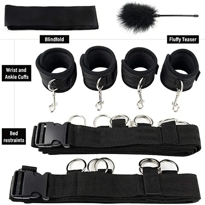 BDSM Bed Restraints Sex Game Bondage Kits Couple SM Fetish Gear Adult Toy with Adjustable Hands Ankle Wrist Cuffs Blindfold Tickler Soft Strap Sex Toys for Women Couples