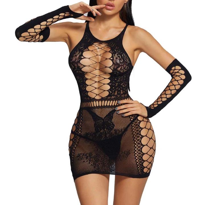 Women Fishnet Bodystocking Sexy Lingerie Stretch Open Front Bodysuit Nightclub Sleeves Clothing Dresses Sleepwear Nightwear for Sex