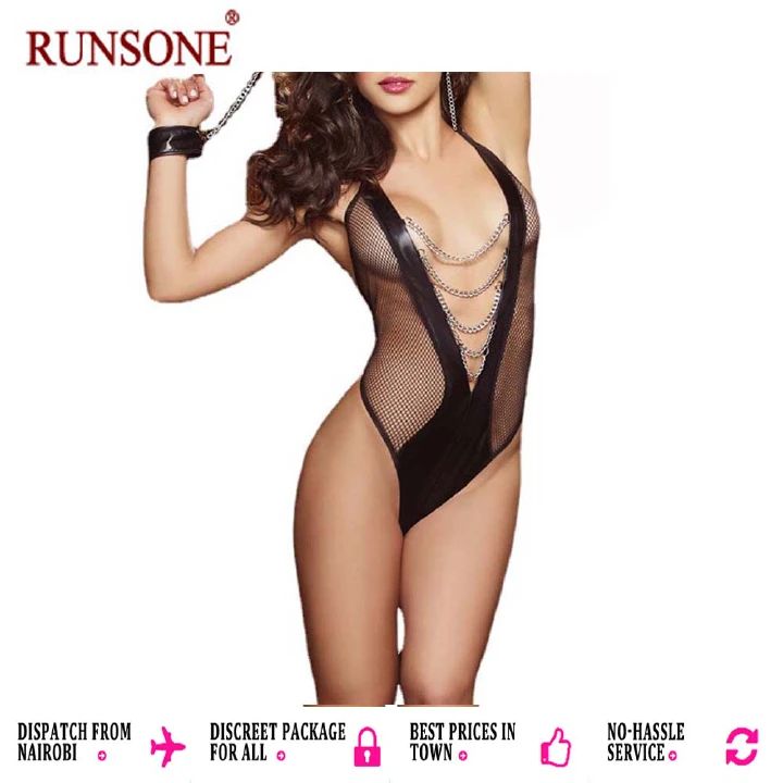 Womens Sexy Bodysuit Halter Lingerie Steel Chain Handcuff Deep V Fishnet Bodystocking Stretch Nightclub Sleepwear Nightwear for Sex - image 2