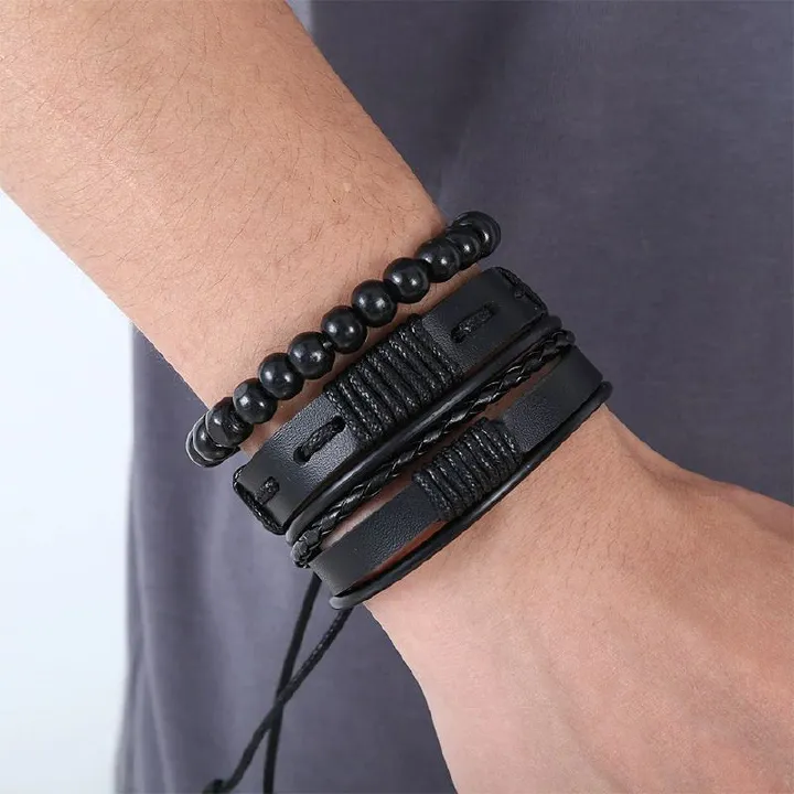 New Men's Watch Luxury Bracelet Multi Piece Set Fashion Business Black Leather Quartz Watch Men's Gift Set