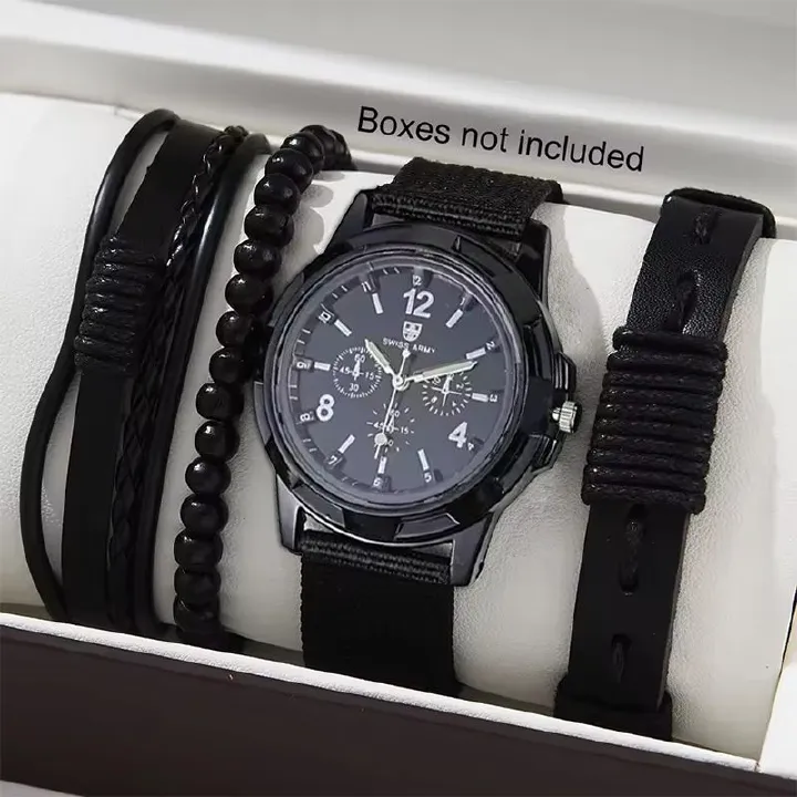 New Men's Watch Luxury Bracelet Multi Piece Set Fashion Business Black Leather Quartz Watch Men's Gift Set