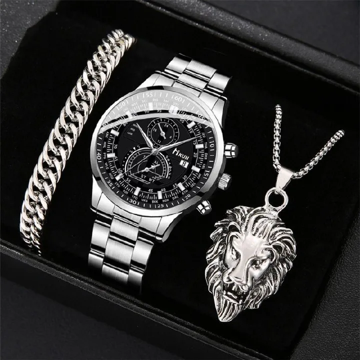 3Pcs/set Watch Bracelet Necklace Set Fashionable Trendy Business Men's Versatile Steel Strap Quartz Watches Bracelet Lion Necklace Male Wrist Watch
