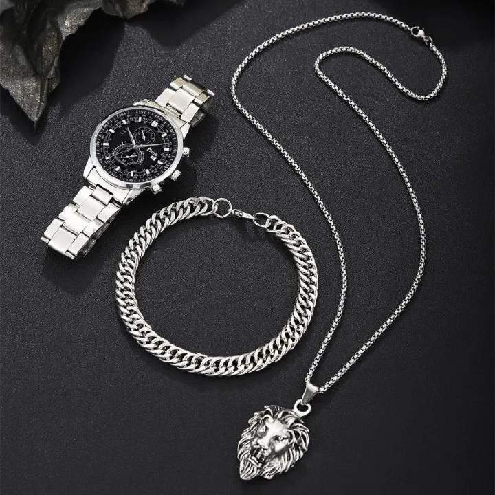 3Pcs/set Watch Bracelet Necklace Set Fashionable Trendy Business Men's Versatile Steel Strap Quartz Watches Bracelet Lion Necklace Male Wrist Watch