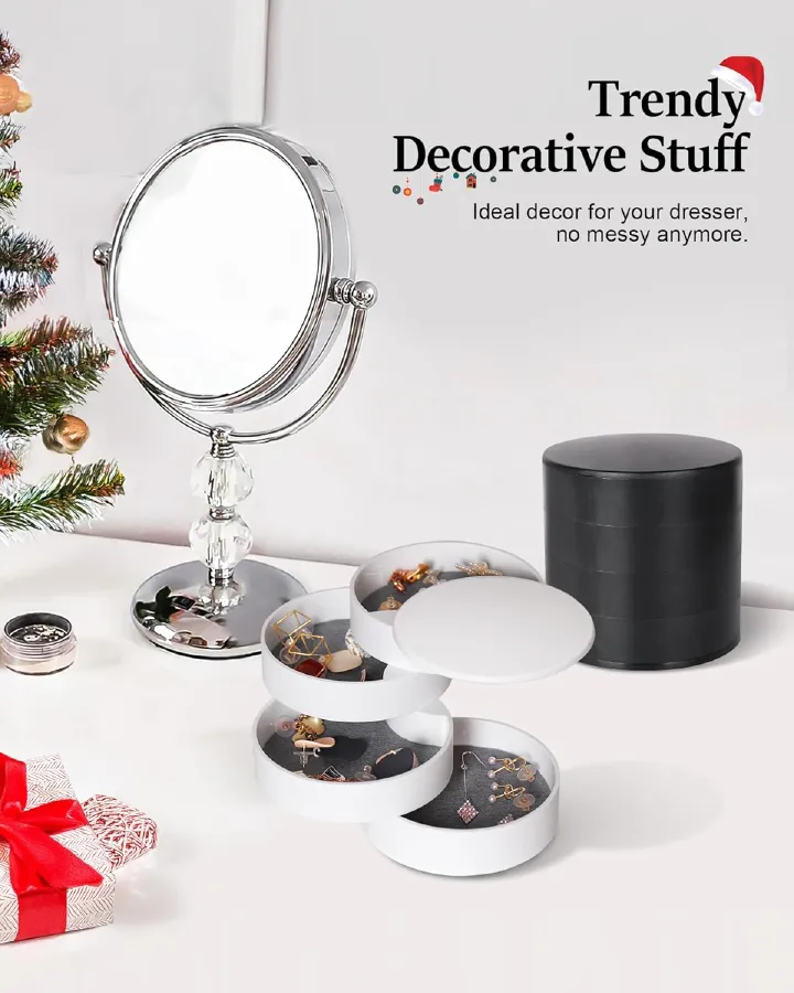 Jewelry Organizer, Small Jewelry Storage Box Earring Holder for Women, 4-Layer Rotating Travel Jewelry Tray Case with Lid for Bracelets Rings Bracelets