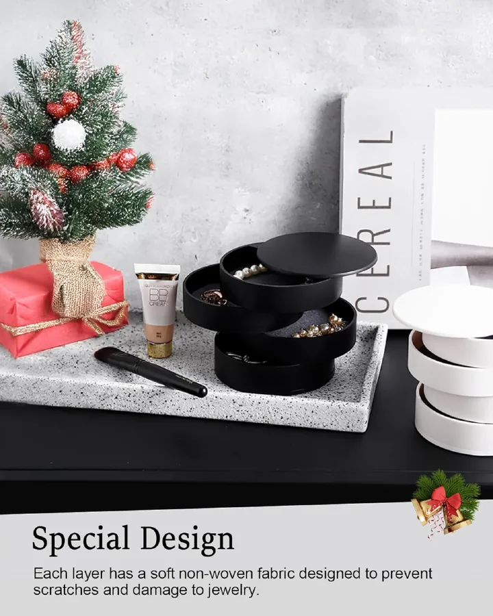 Jewelry Organizer, Small Jewelry Storage Box Earring Holder for Women, 4-Layer Rotating Travel Jewelry Tray Case with Lid for Bracelets Rings Bracelets