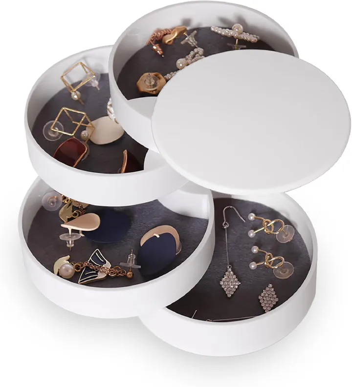Jewelry Organizer, Small Jewelry Storage Box Earring Holder for Women, 4-Layer Rotating Travel Jewelry Tray Case with Lid for Bracelets Rings Bracelets