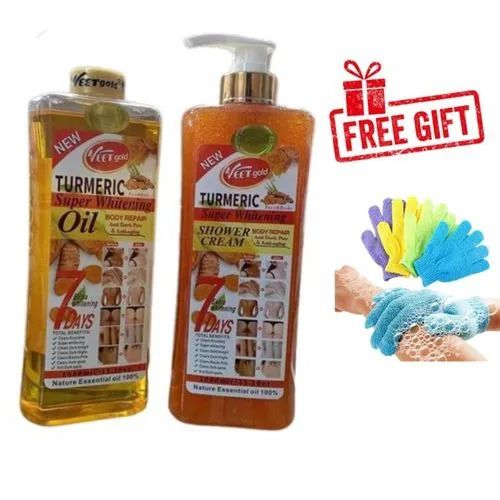 VEET GOLD TURMERIC Body OiL + Tumeric Shower Cream + Free Exfoliating Shower Glove : Anti-Aging & Anti Dark Spots Cleans, Removes Dark knuckles, Black Spots, Dark spots, Glows, Pigmentations, Prevent