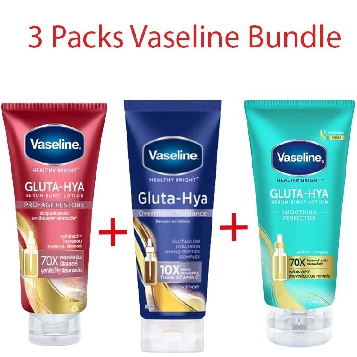 Vaseline 3-Pack Gluta-Hya Serum-Burst Bundle – Overnight Radiance 200 ml + Pro-Age Restore 200 ml + Smoothing Perfector 300 ml – Brightens, Firms & Smooths Skin
