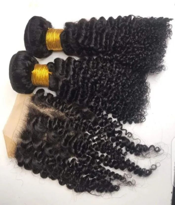 Kinky Curly Human Hair Bundles With Lace Closure – Natural Black Deep Curly Hair Extensions, Soft Tangle Free Brazilian Virgin Hair Weave, Full Volume Long Lasting Hair for Women