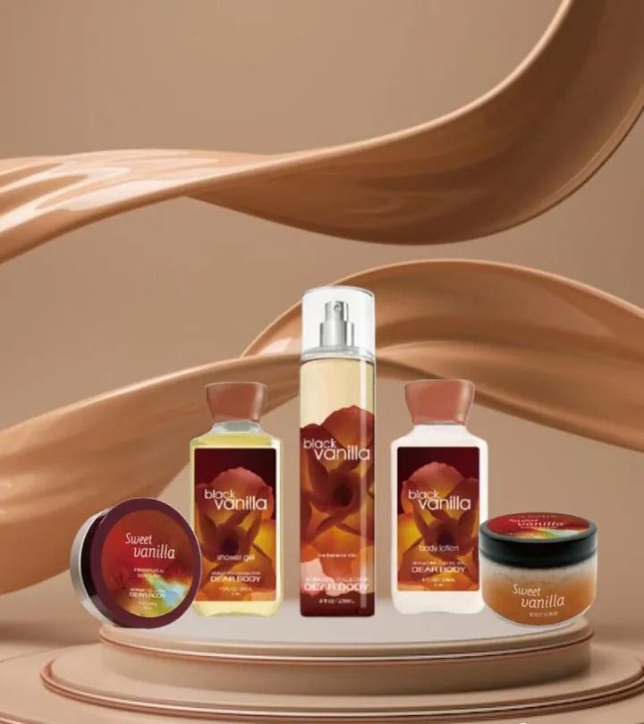 5 Pack Dear Body Black Vanilla Lotion, Shower Gel , Mist , Cream and Scrub Sweet Fresh Scent Keep Fresh Body Lotion, Shower Gel ,Body Cream, Scrub and Gel Signature Collection Body Luxuries