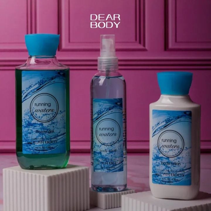 3 Pack Dear Body Running Water Lotion, Shower Gel and Splash Bath & Body Care Gift Set - Home Spa Set with (Running Waters) Body Washes Signature Collection Body Luxuries