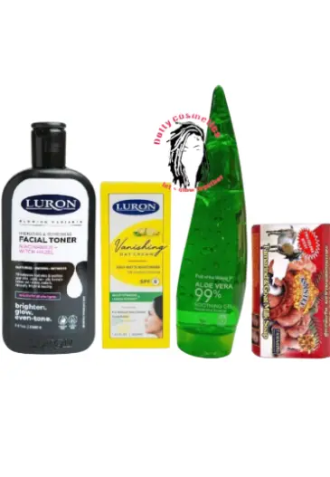 4PCS LURON FACIAL TONER NIACINAMIDE WITH HAZEL + LURON NOURISHING DAY CREAM SPF 6 + ALOE VERA GEL+ASANTEE GOAT MILK &TAMARIND SOAP