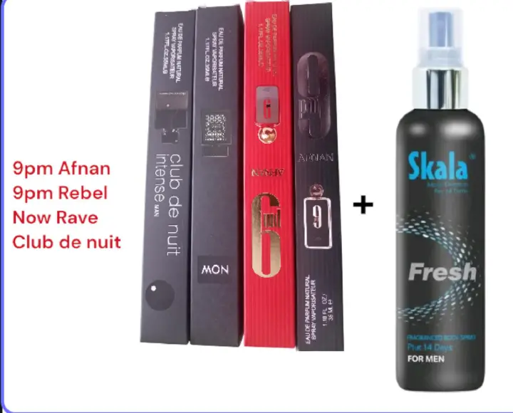 9pm AFNAN BLACK + 9pm REBEL +NOW RAVE FOR MEN + CLUB DE NUIT INTENSE MAN PERFUME 35ML EACH + SKALA BODY SPRAY 50ML. MEN TRENDING PERFUMES . SMELL GOOD ON A LOW BUDGET