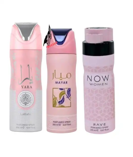 3PCS WOMEN'S ARABIC DEODORANT SPRAY - NOW WOMEN BY RAVE DEODRANT SPRAY + MAYAR DEODRANT SPRAY + YARA PINK DEODRANT SPRAY . SMELL LIKE BOSS ON A LOW BUDGET